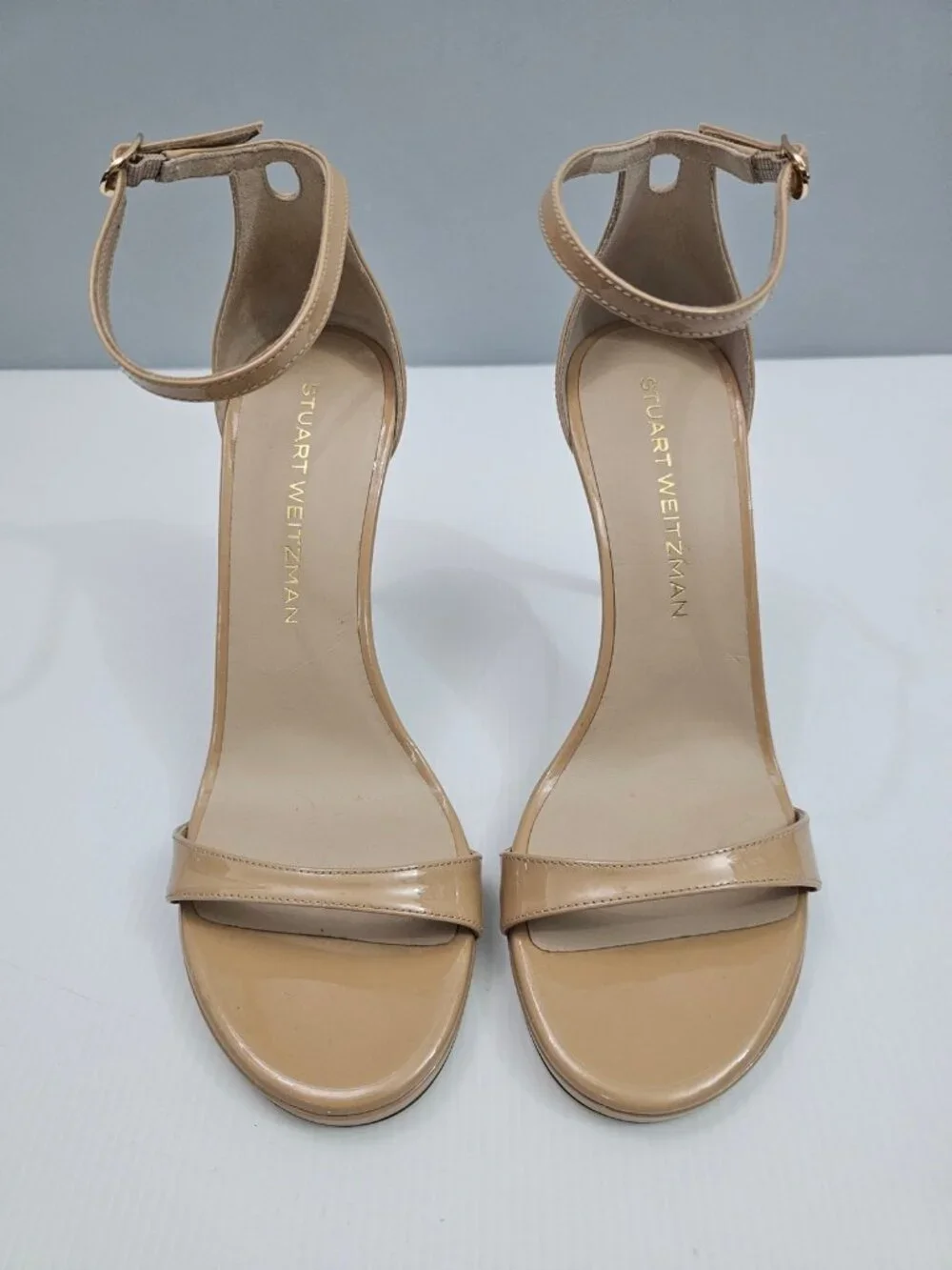 Stuart Weitzman Nudist Platform Heel Sandal Womens 9 Adobe Tan Patent Leather